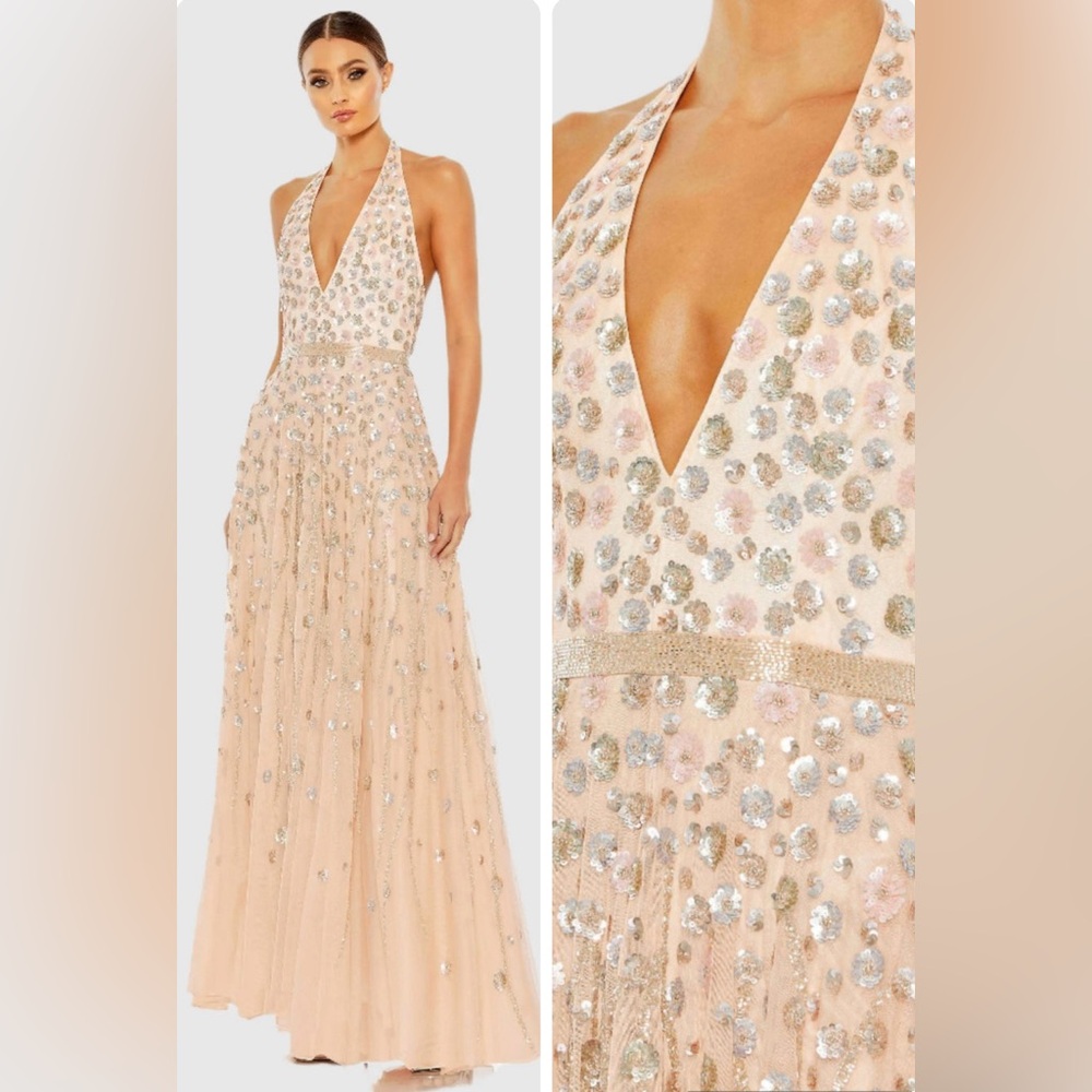 Mac Duggal 5654 Blush Sequin Gown 12 Halter Neck Floral Embellished A-Line NWT